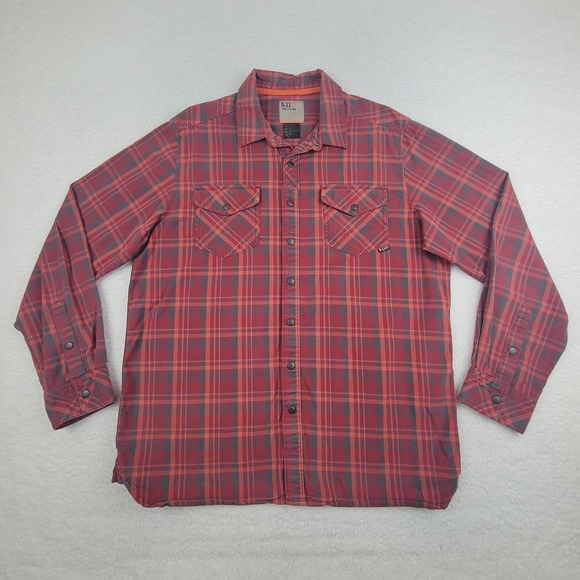 5.11 Tactical Other - 5.11 Tactical Shirt Mens Medium‎ Red Gray Plaid Long Sleeve Snap Front Cotton